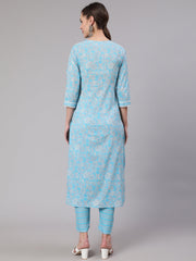 Women Blue Printed Straight Kurta And Trouser