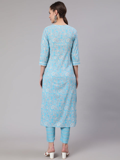Women Blue Printed Straight Kurta And Trouser