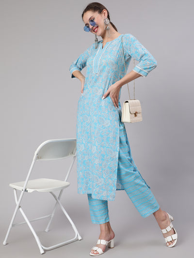 Women Blue Printed Straight Kurta And Trouser