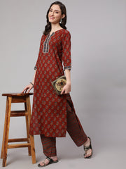 Women Maroon Ethnic Printed Straight Kurta With Palazzo