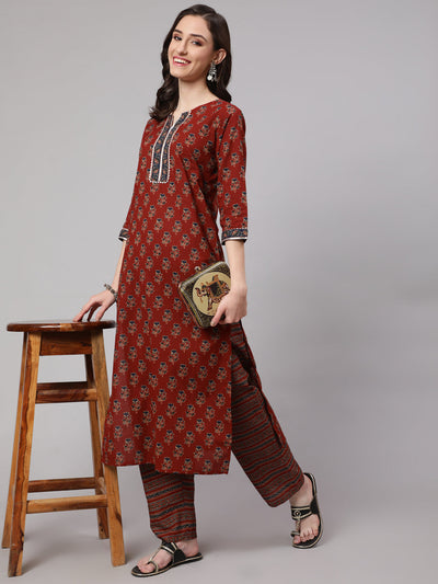 Women Maroon Ethnic Printed Straight Kurta With Palazzo
