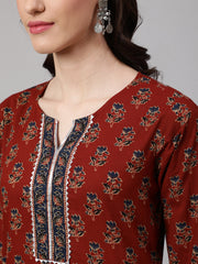 Women Maroon Ethnic Printed Straight Kurta With Palazzo