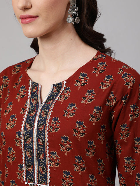 Women Maroon Ethnic Printed Straight Kurta With Palazzo