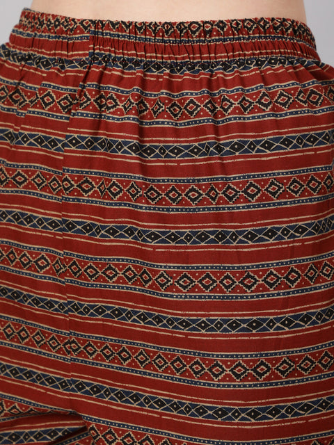Women Maroon Ethnic Printed Straight Kurta With Palazzo