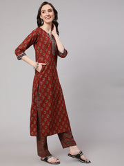Women Maroon Ethnic Printed Straight Kurta With Palazzo