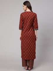 Women Maroon Ethnic Printed Straight Kurta With Palazzo