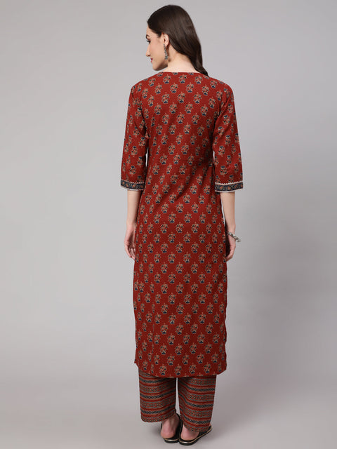 Women Maroon Ethnic Printed Straight Kurta With Palazzo