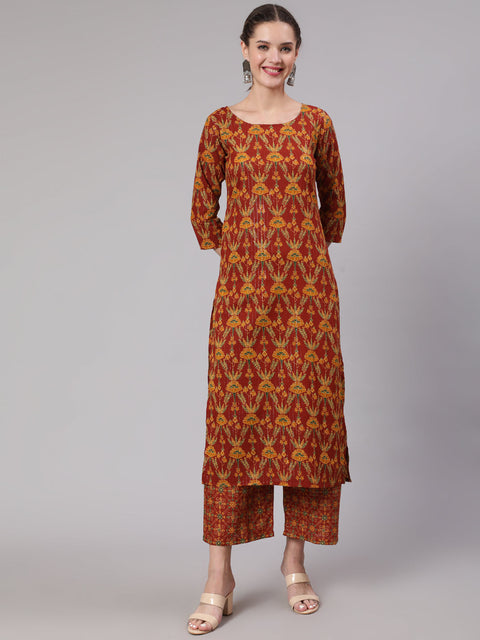 Women Maroon Floral Printed Straight Kurta And Palazzo