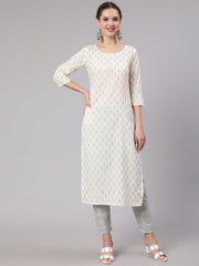 Women Off White Printed Straight Kurta With Trouser
