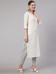 Women Off White Printed Straight Kurta With Trouser