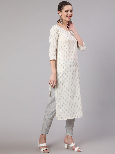 Women Off White Printed Straight Kurta With Trouser