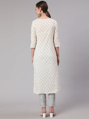 Women Off White Printed Straight Kurta With Trouser