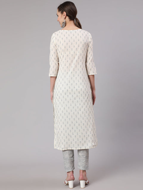 Women Off White Printed Straight Kurta With Trouser