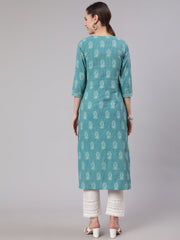 Women Sea Green Printed Straight Kurta With White Solid Trouser
