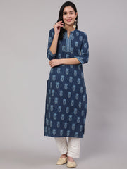 Women Blue Printed Straight Kurta With White Solid Trouser