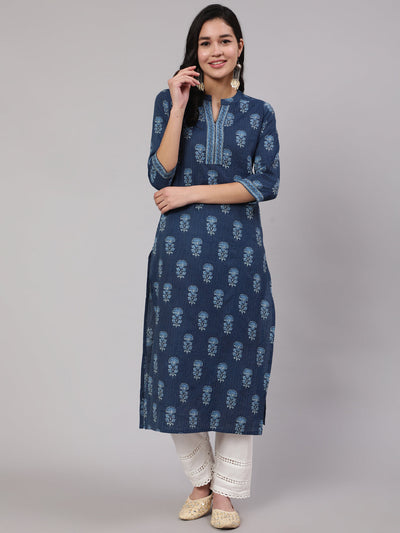 Women Blue Printed Straight Kurta With White Solid Trouser
