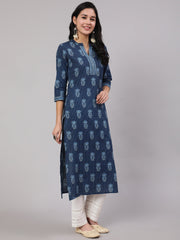 Women Blue Printed Straight Kurta With White Solid Trouser