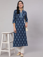 Women Blue Printed Straight Kurta With White Solid Trouser