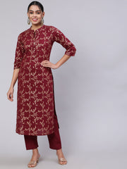 Women Burgundy Ethnic Printed Straight Kurta With Trouser
