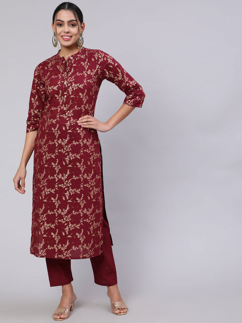 Women Burgundy Ethnic Printed Straight Kurta With Trouser