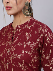 Women Burgundy Ethnic Printed Straight Kurta With Trouser