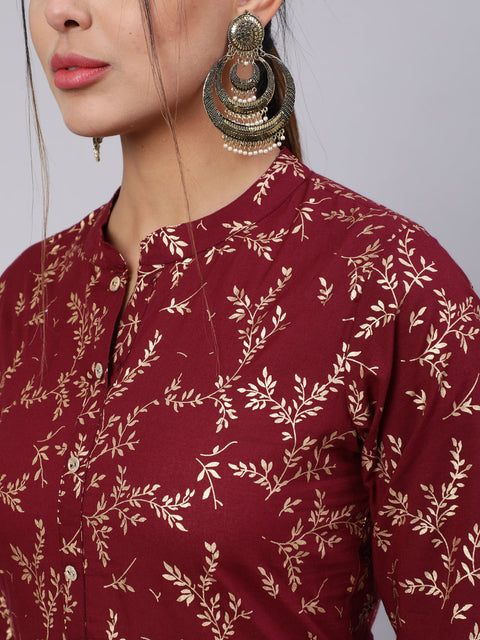 Women Burgundy Ethnic Printed Straight Kurta With Trouser