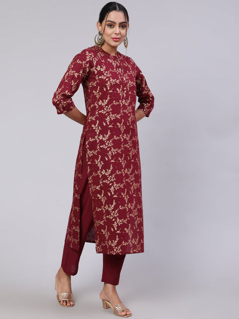 Women Burgundy Ethnic Printed Straight Kurta With Trouser
