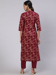 Women Burgundy Ethnic Printed Straight Kurta With Trouser