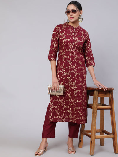 Women Burgundy Ethnic Printed Straight Kurta With Trouser