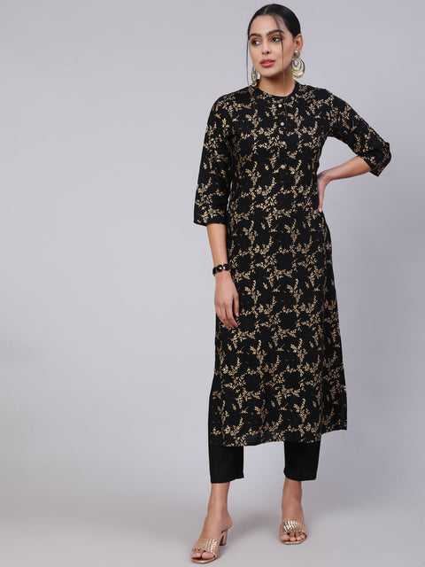 Women Black Ethnic Printed Straight Kurta With Trouser