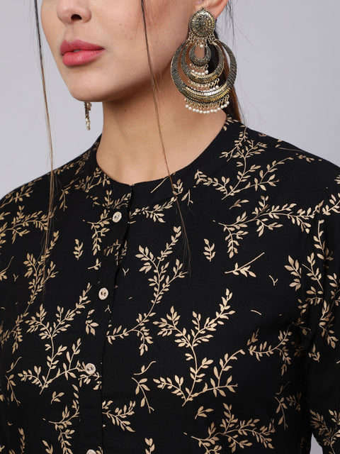 Women Black Ethnic Printed Straight Kurta With Trouser