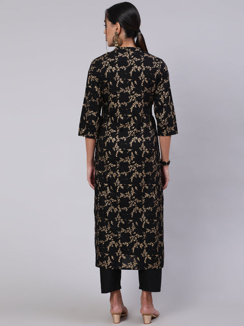 Women Black Ethnic Printed Straight Kurta With Trouser
