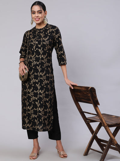 Women Black Ethnic Printed Straight Kurta With Trouser