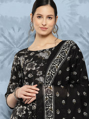 Women Black Floral Printed Flared Kurta With Trouser And Dupatta