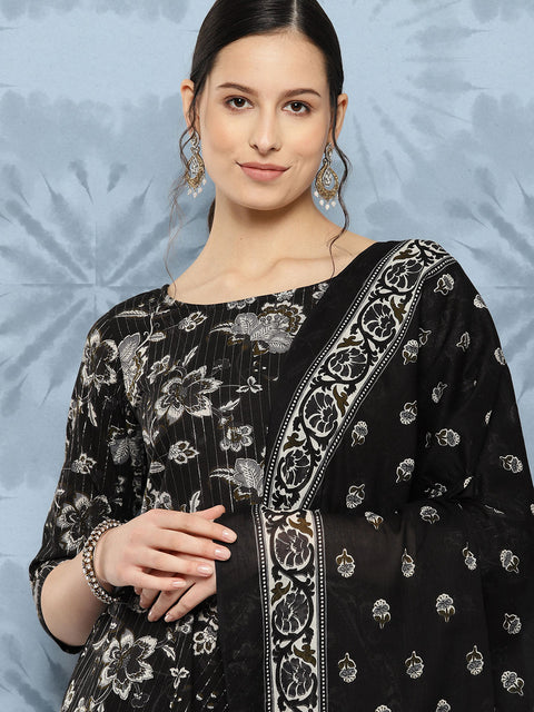 Women Black Floral Printed Flared Kurta With Trouser And Dupatta