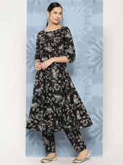 Women Black Floral Printed Flared Kurta With Trouser And Dupatta