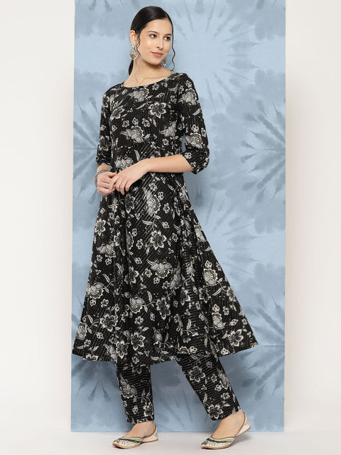 Women Black Floral Printed Flared Kurta With Trouser And Dupatta