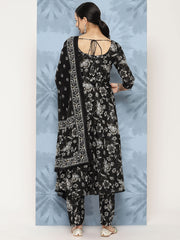 Women Black Floral Printed Flared Kurta With Trouser And Dupatta