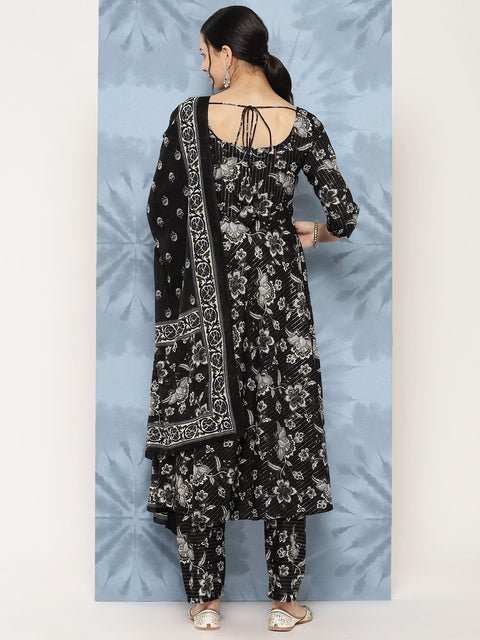 Women Black Floral Printed Flared Kurta With Trouser And Dupatta