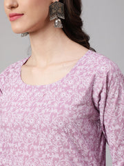 Women Levender Printed Straight Kurta With Palazzo & Dupatta