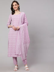 Women Levender Printed Straight Kurta With Palazzo & Dupatta