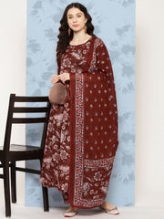 Women Maroon Floral Printed Flared Kurta With Trouser And Dupatta