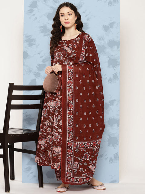 Women Maroon Floral Printed Flared Kurta With Trouser And Dupatta
