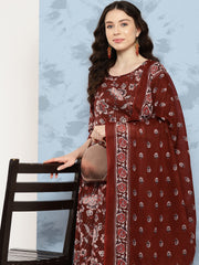 Women Maroon Floral Printed Flared Kurta With Trouser And Dupatta