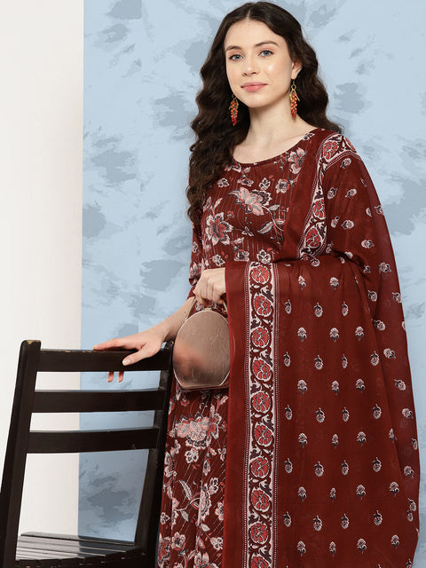 Women Maroon Floral Printed Flared Kurta With Trouser And Dupatta