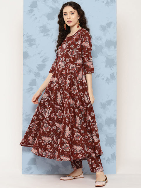 Women Maroon Floral Printed Flared Kurta With Trouser And Dupatta