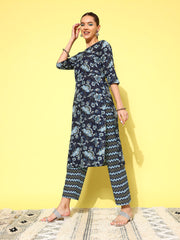 Women Indigo Blue Floral Printed Flared Kurta With Trouser And Dupatta