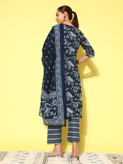 Women Indigo Blue Floral Printed Flared Kurta With Trouser And Dupatta
