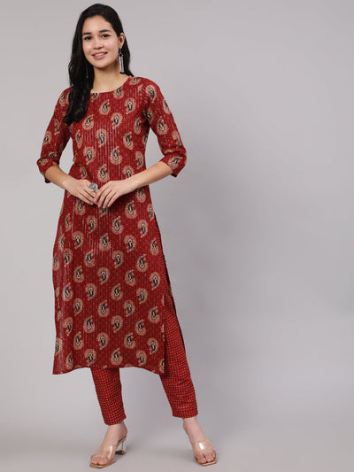 Women Maroon Ethnic Printed Straight Kurta And Palazzo