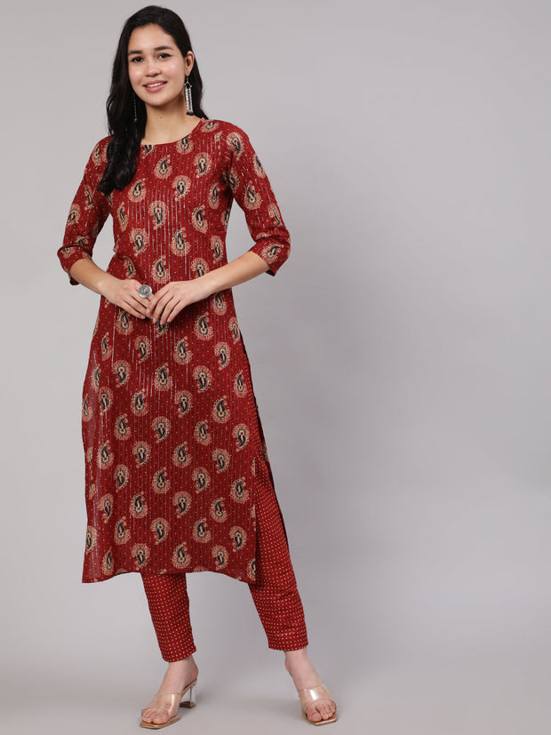 Women Maroon Ethnic Printed Straight Kurta And Palazzo